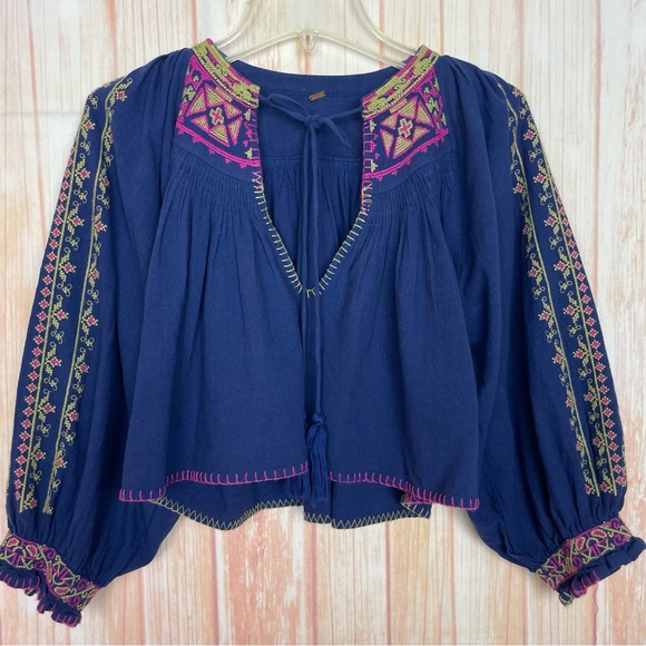 Free People Tops - Free People Navy and Pink Embroidered Cropped Blouse (S/M)